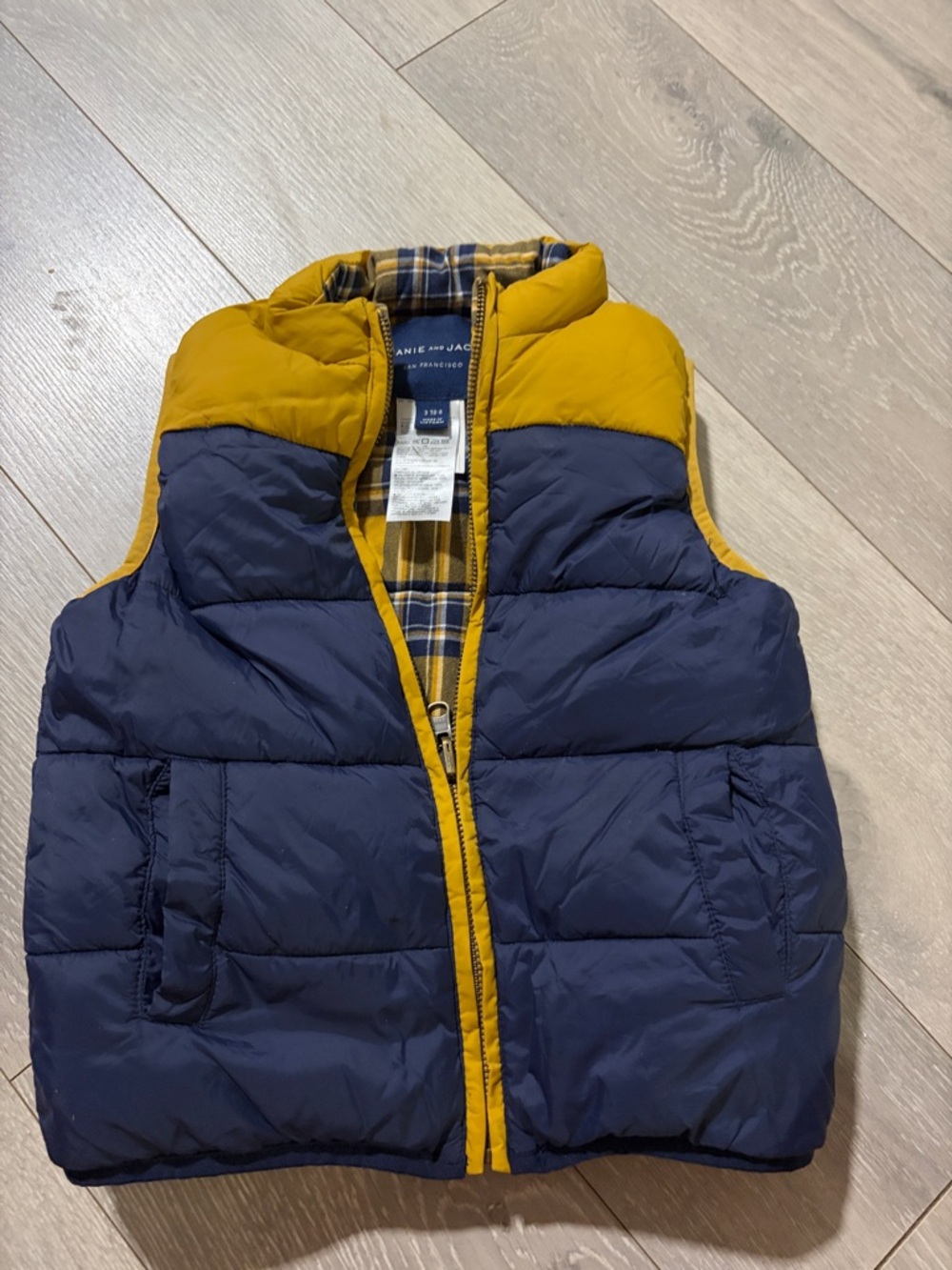 Janie and Jack Yellow and Navy Quilted Vest with Plaid Lining
